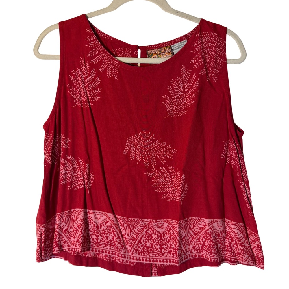 April Cornell Red Fern Paisley Rayon Sleeveless Button Back Boho Top Medium